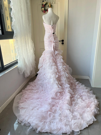 Pink Wedding Dress Modest Mermaid Strapless With Tiered Layers Long Bridal Gown RC0844