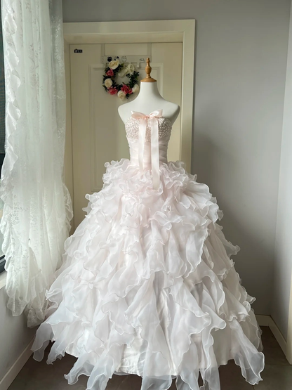 Sweet 16 Quinceanera Dress Ball Gown Strapless Light Pink With Tiered Layers Pearls Birthday Party Gown RC0845