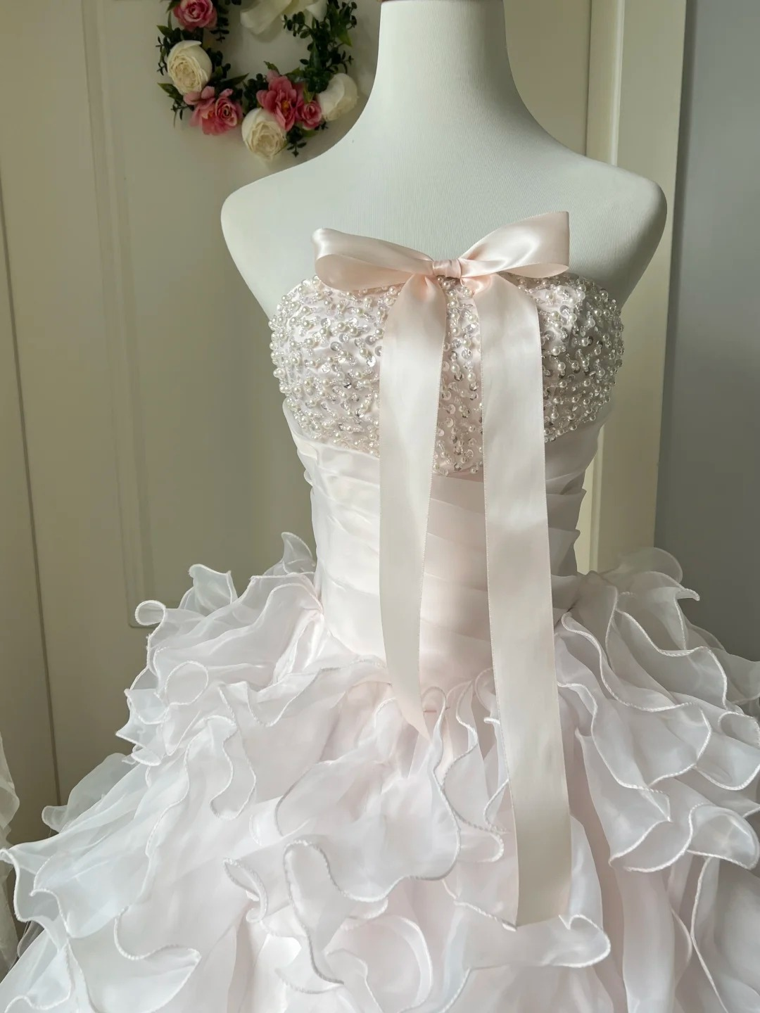 Sweet 16 Quinceanera Dress Ball Gown Strapless Light Pink With Tiered Layers Pearls Birthday Party Gown RC0845