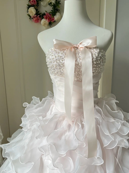 Sweet 16 Quinceanera Dress Ball Gown Strapless Light Pink With Tiered Layers Pearls Birthday Party Gown RC0845