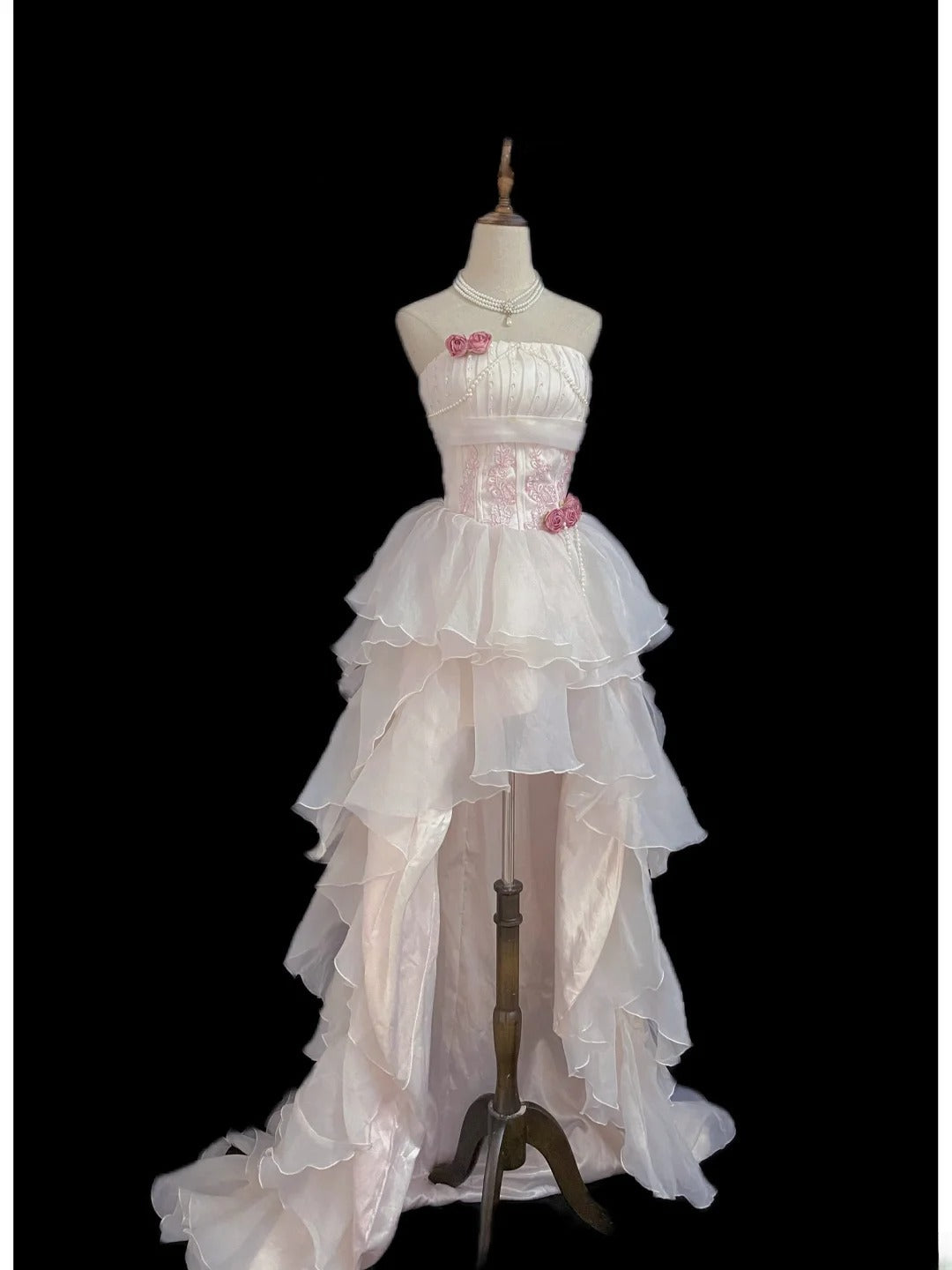 Vintage 80s High Low Strapless Light Pink Chiffon Prom Dresses Formal Outfits Evening Night Dress RB7993