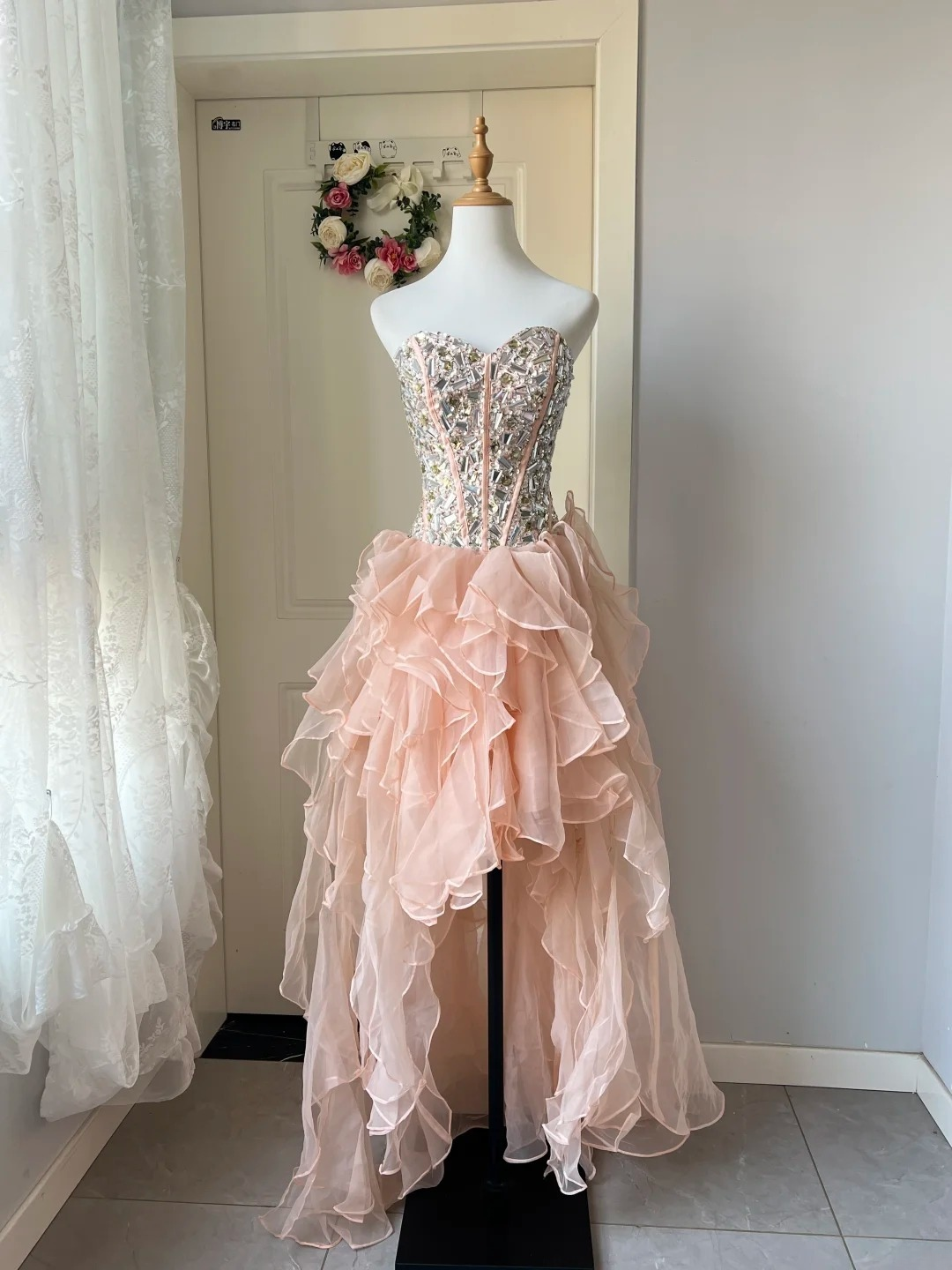 Prom Dress Modest High Low Blush Pink Formal Party Gown With Crystals For Senior Women RC0846