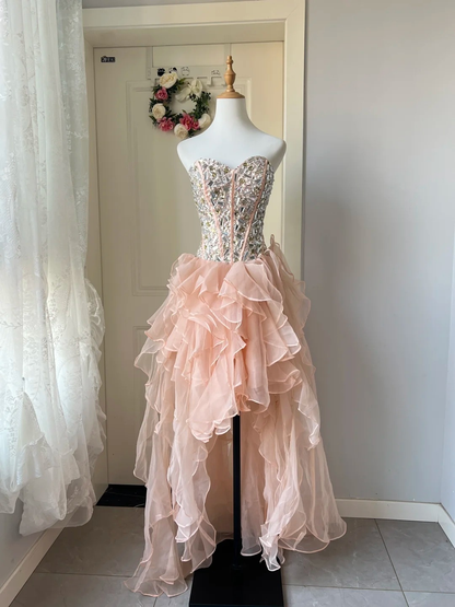 Prom Dress Modest High Low Blush Pink Formal Party Gown With Crystals For Senior Women RC0846