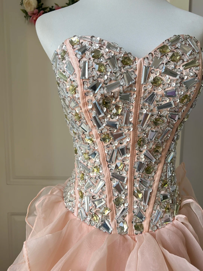 Prom Dress Modest High Low Blush Pink Formal Party Gown With Crystals For Senior Women RC0846
