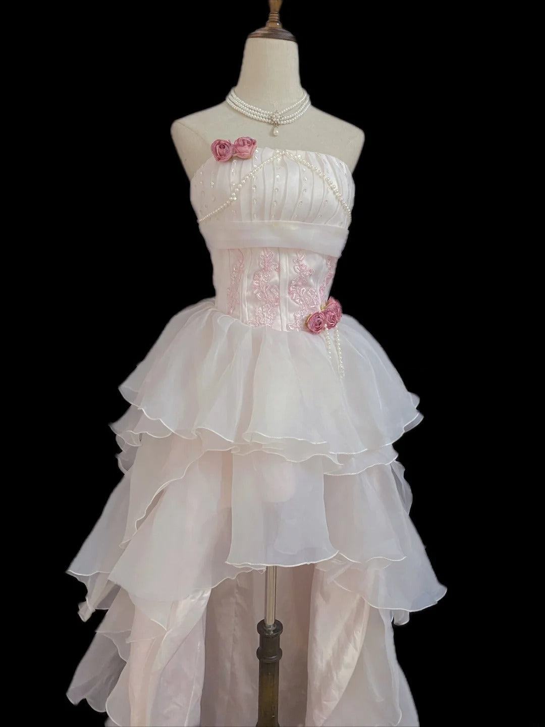 Vintage 80s High Low Strapless Light Pink Chiffon Prom Dresses Formal Outfits Evening Night Dress RB7993