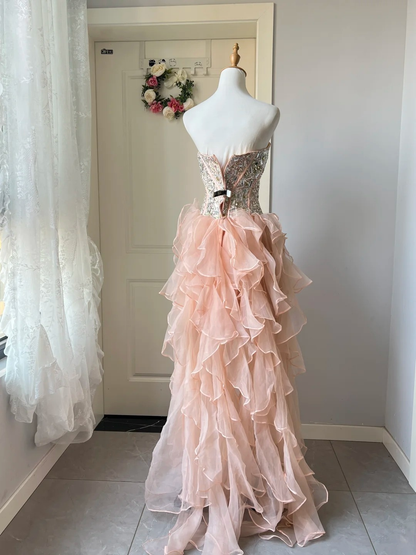 Prom Dress Modest High Low Blush Pink Formal Party Gown With Crystals For Senior Women RC0846