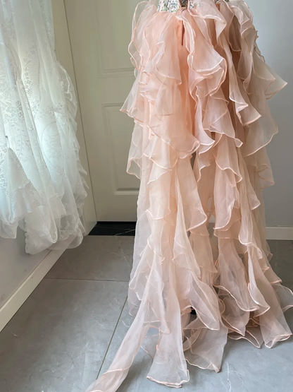 Prom Dress Modest High Low Blush Pink Formal Party Gown With Crystals For Senior Women RC0846