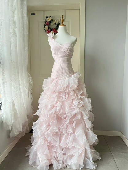 Prom Dress Modest Mermaid One Shoulder Pink Formal Party Gown With Tiered Layers For Senior Women RC0847