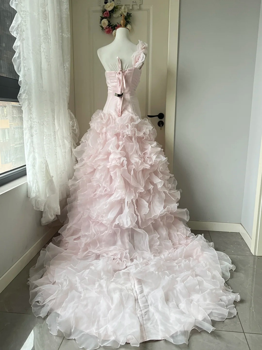 Prom Dress Modest Mermaid One Shoulder Pink Formal Party Gown With Tiered Layers For Senior Women RC0847