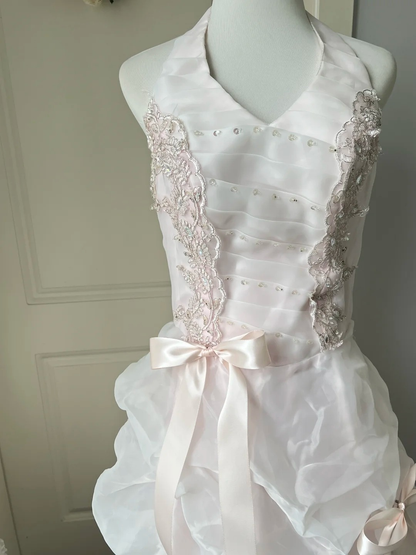 Prom Dress Modest A line Halter Pink Formal Party Gown With Tiered Bows For Senior Women RC0849