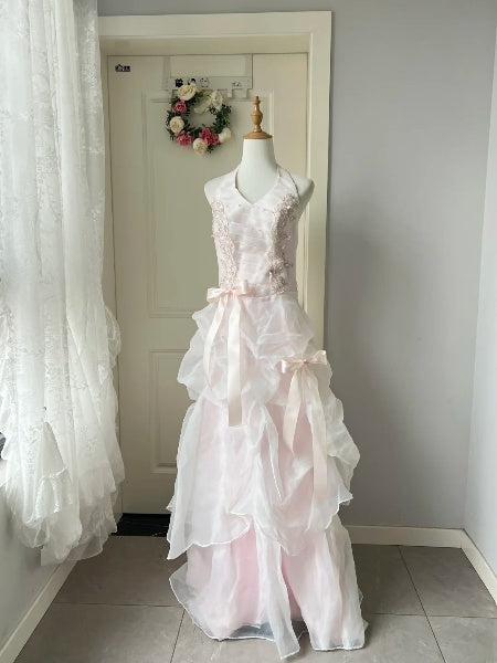 Prom Dress Modest A line Halter Pink Formal Party Gown With Tiered Bows For Senior Women RC0849