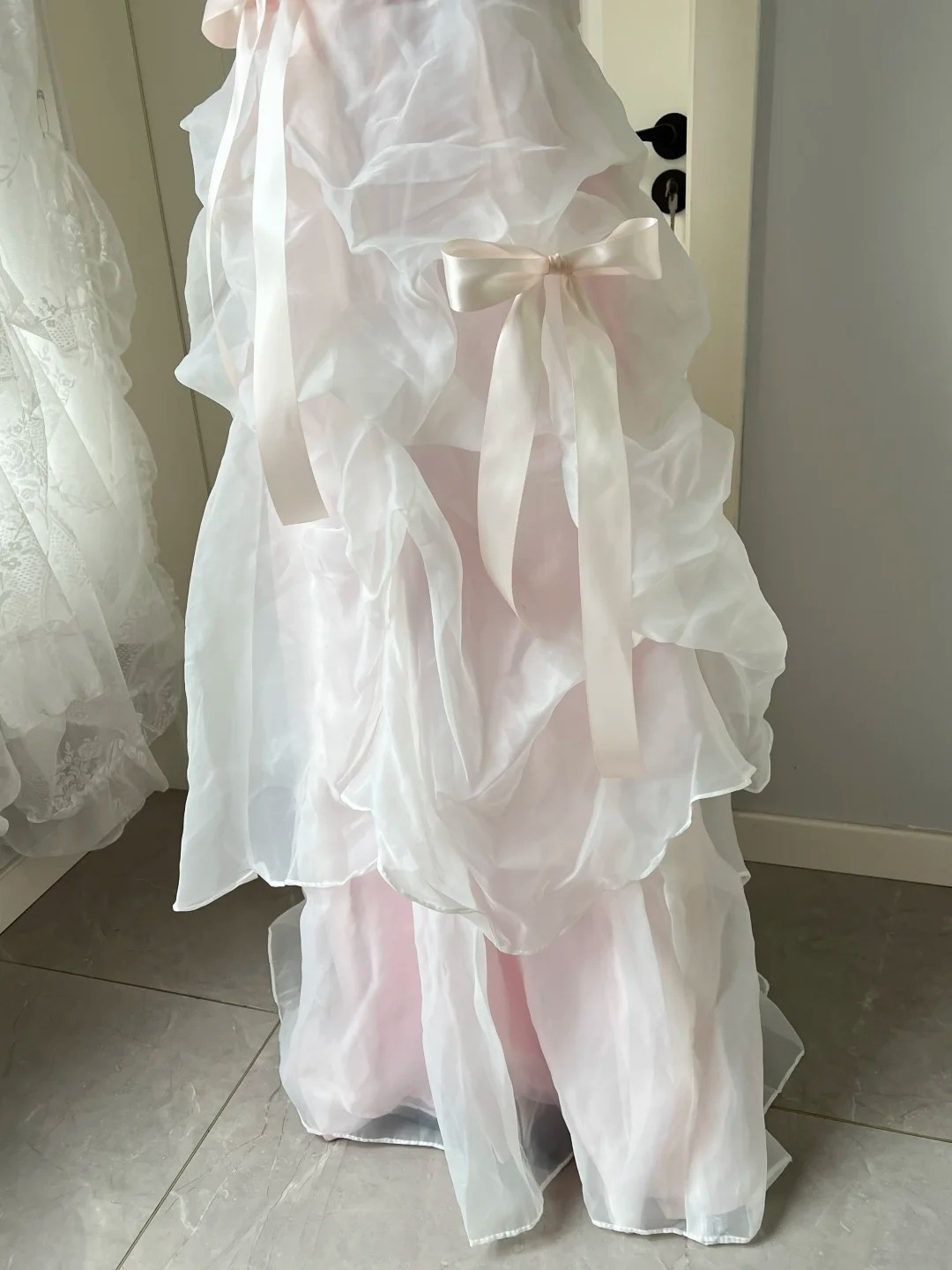 Prom Dress Modest A line Halter Pink Formal Party Gown With Tiered Bows For Senior Women RC0849