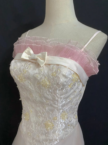 Vintage 80s A Line Spaghetti Straps Pink Tulle Lace Prom Dresses Formal Outfits Evening Night Dress RB7999