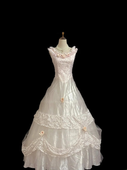 Princesses Fairytale Ball Gown Scoop Pink Lace Long With Flowers Quince Dress Quinceanera Dresses Formal Birthday Outfits RB8001