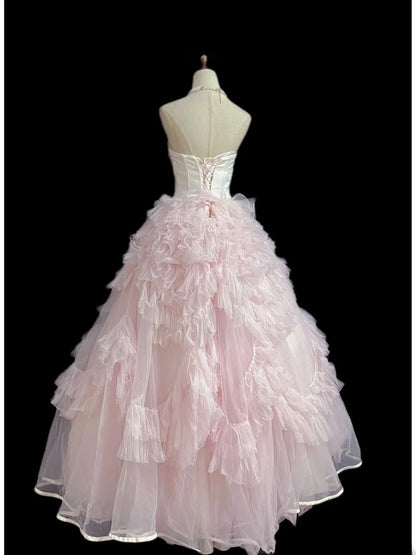 Princesses Fairytale Ball Gown Strapless Pink Tulle With Tiered Layers Quince Dress Quinceanera Dresses 19th Birthday Outfit RB8002