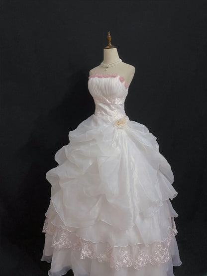 Princesses Fairytale Ball Gown Strapless Light Pink Organza Long With Flowers Quince Dress Quinceanera Dresses Formal Birthday Outfits RB8007