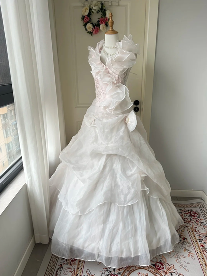Sweet 16 Quinceanera Dress Ball Gown Halter Light Pearl Pink With Ruffled Tiered Layers Birthday Party Gown RC0913