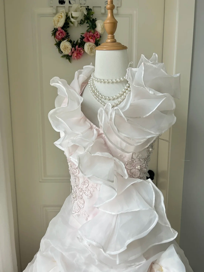 Sweet 16 Quinceanera Dress Ball Gown Halter Light Pearl Pink With Ruffled Tiered Layers Birthday Party Gown RC0913