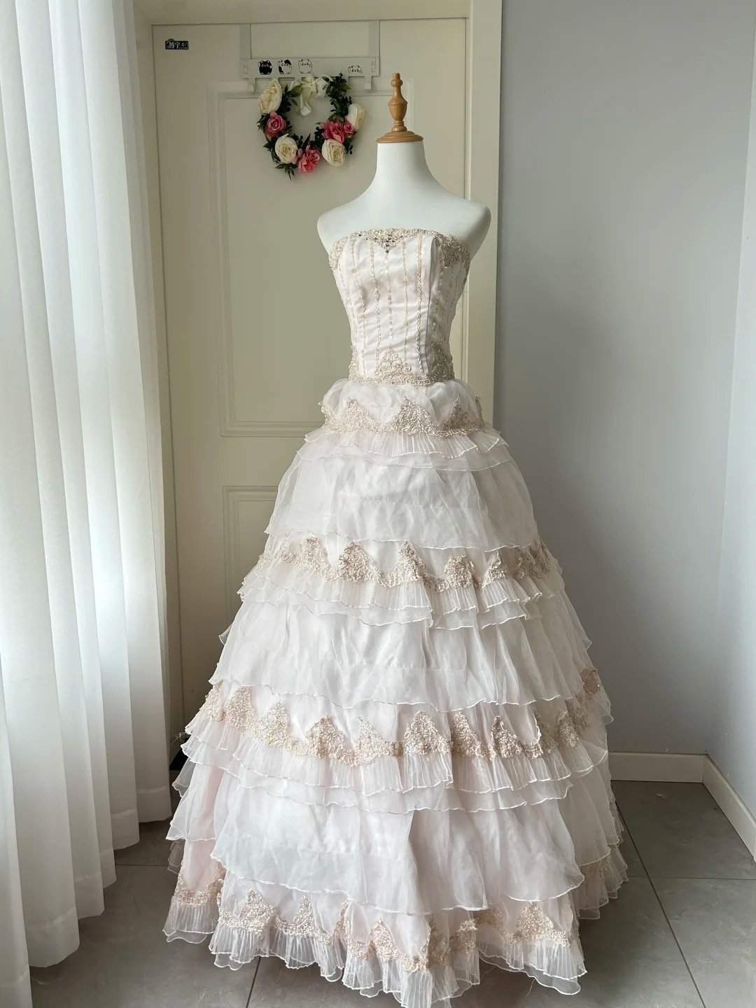 Sweet 16 Quinceanera Dress Ball Gown Strapless Light Pearl Pink With Layers Tiered Birthday Party Gown RC0915