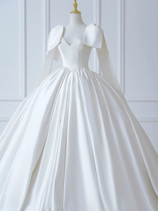 Princess Long Wedding Gowns Ball Gown V Neck Sleeveless Pleated Satin for Bride With Train White Bridal Dress AS554
