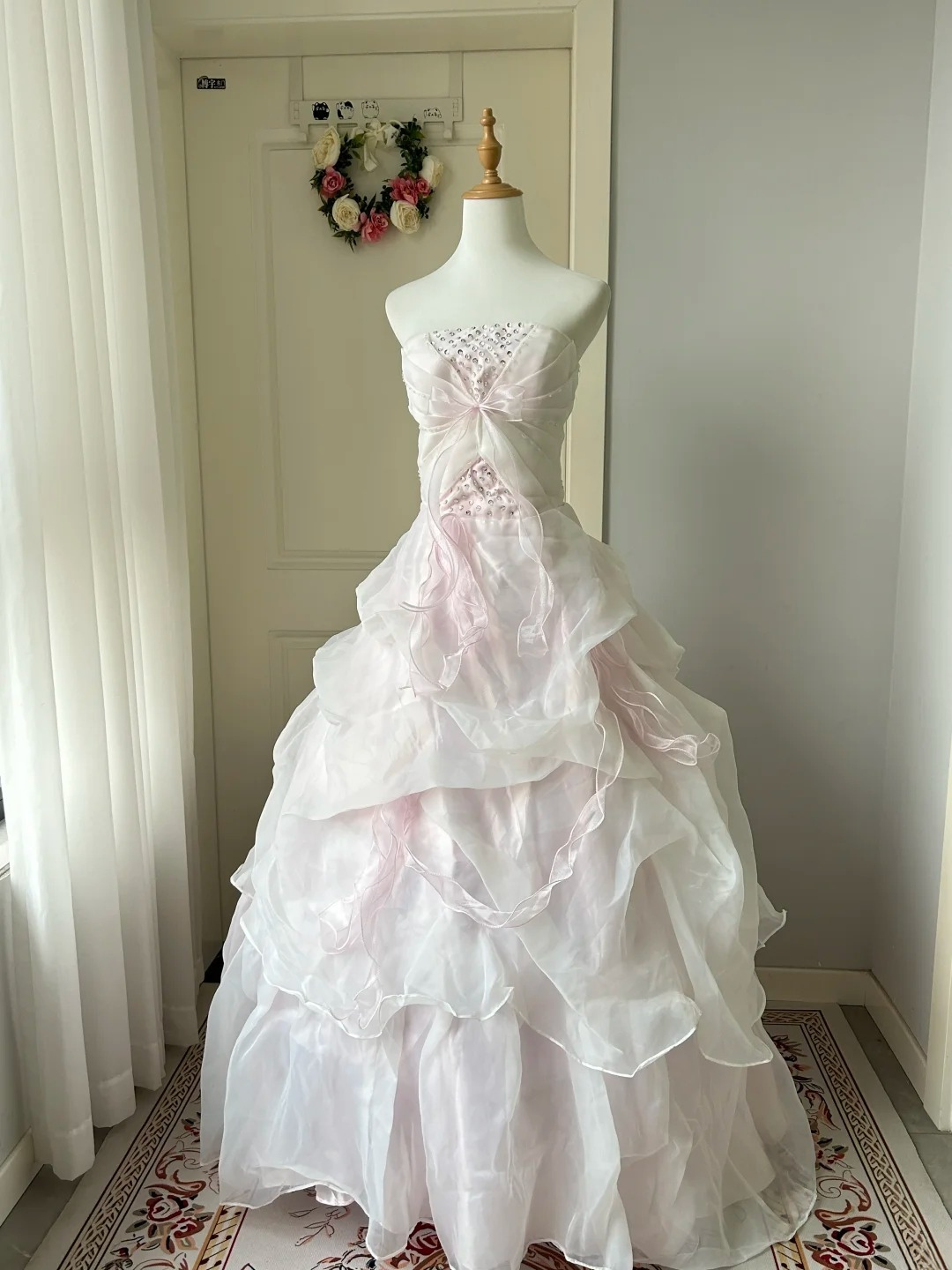 Sweet 16 Quinceanera Dress Ball Gown Strapless Light Pearl Pink With Beaded Tiered Birthday Party Gown RC0917