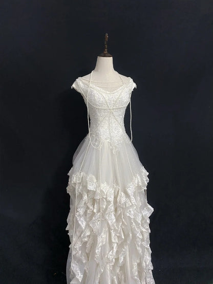Vintage 90s A Line V Neckline White Lace With Tiered Long Brides Gown Bridal Dress Wedding Dresses RB8021