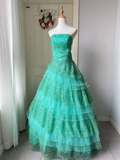 Sweet 16 Quinceanera Dress Ball Gown Strapless Blue Lace With Tiered Layers Birthday Party Gown RC0856