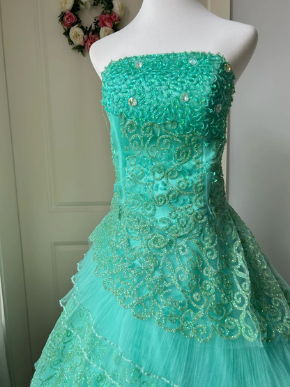 Sweet 16 Quinceanera Dress Ball Gown Strapless Blue Lace With Tiered Layers Birthday Party Gown RC0856