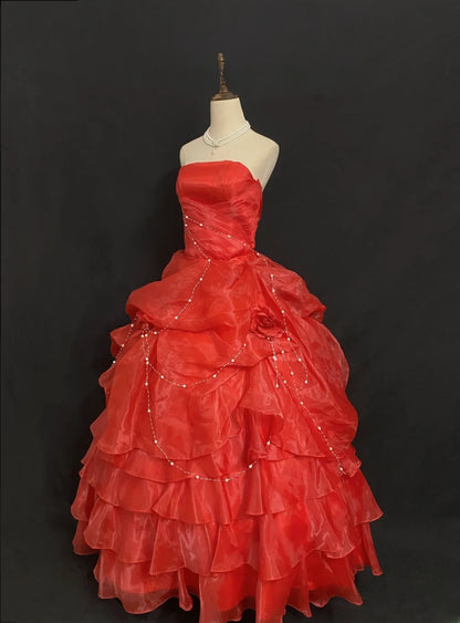 Dream Ball Gown Strapless Red Organza Poofy Long With Tiered Layers Quince Dress inspo Quinceanera Dresses Sweet 15 16 Outfits RB7796