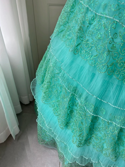 Sweet 16 Quinceanera Dress Ball Gown Strapless Blue Lace With Tiered Layers Birthday Party Gown RC0856