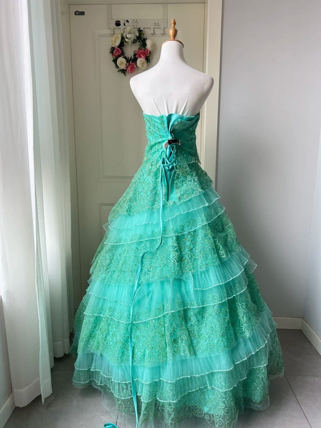 Sweet 16 Quinceanera Dress Ball Gown Strapless Blue Lace With Tiered Layers Birthday Party Gown RC0856