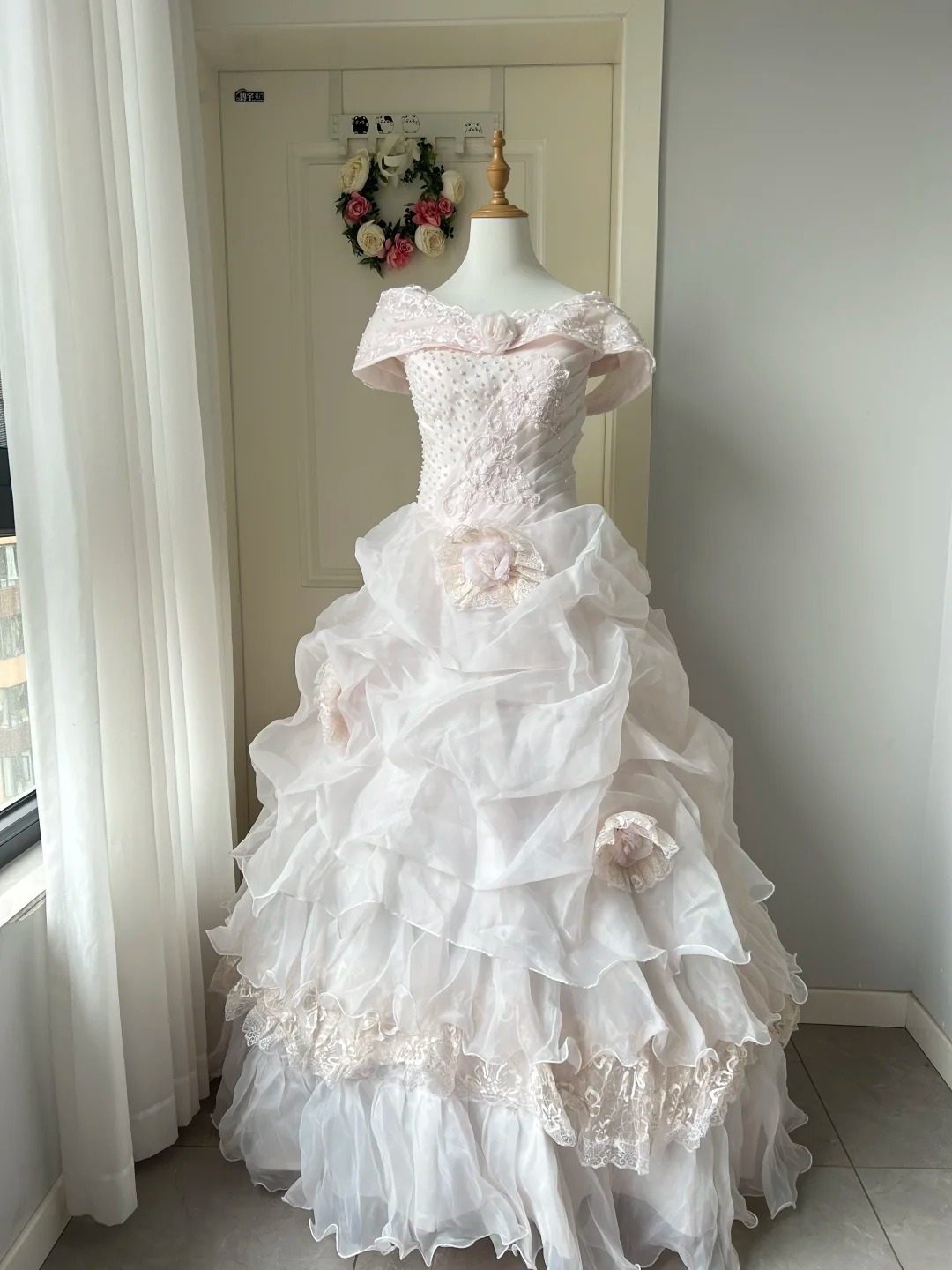 Sweet 16 Quinceanera Dress Ball Gown Off Shoulder Pink With Tiered Layers Lace 15 Birthday Party Gown RC0924