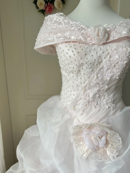 Sweet 16 Quinceanera Dress Ball Gown Off Shoulder Pink With Tiered Layers Lace 15 Birthday Party Gown RC0924