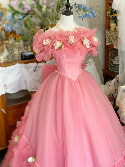 Sweet 16 Dress Ball Gown Pink With Short Sleeves Flowers Vestido De 15 Sweet Sixteen Dress RB9599