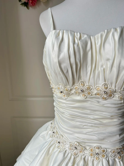 Satin Wedding Dress Modest Ball Gown Spaghetti Straps White With Tiered Beaded Long Bridal Gown RC0926