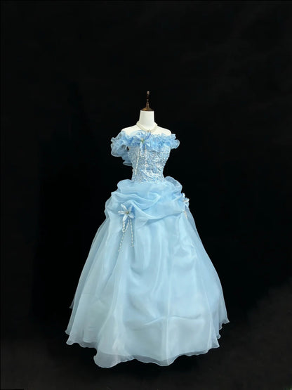 Princess Ball Gown Off The Shoulder Blue With Lace Sleeves Long Quince Dress Voluminous Sweet 16 Sweet Sixteen Outfits Vestido de 15 RB7551