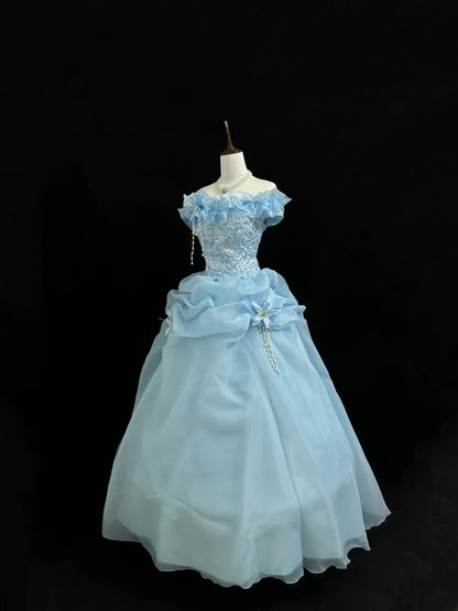 Princess Ball Gown Off The Shoulder Blue With Lace Sleeves Long Quince Dress Voluminous Sweet 16 Sweet Sixteen Outfits Vestido de 15 RB7551