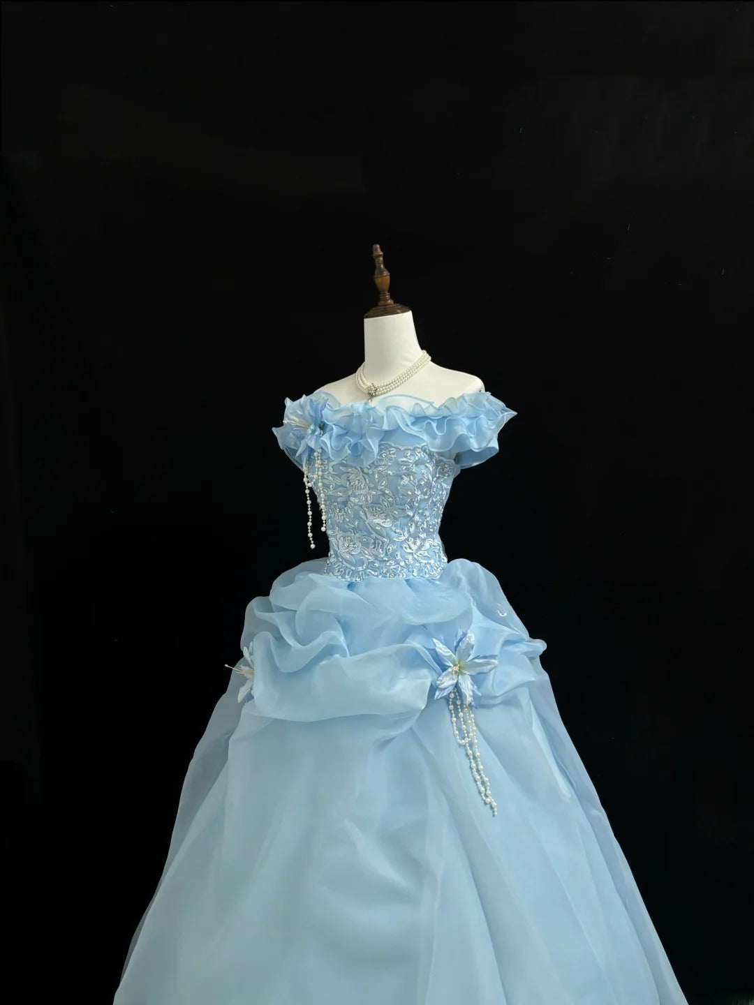 Princess Ball Gown Off The Shoulder Blue With Lace Sleeves Long Quince Dress Voluminous Sweet 16 Sweet Sixteen Outfits Vestido de 15 RB7551