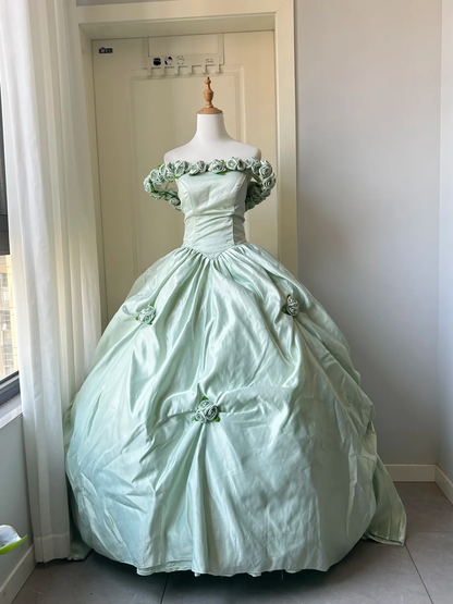 Sweet 16 Quinceanera Dress Ball Gown Off Shoulder Mint Green Satin With Flowers 16th Birthday Party Gown RC0932
