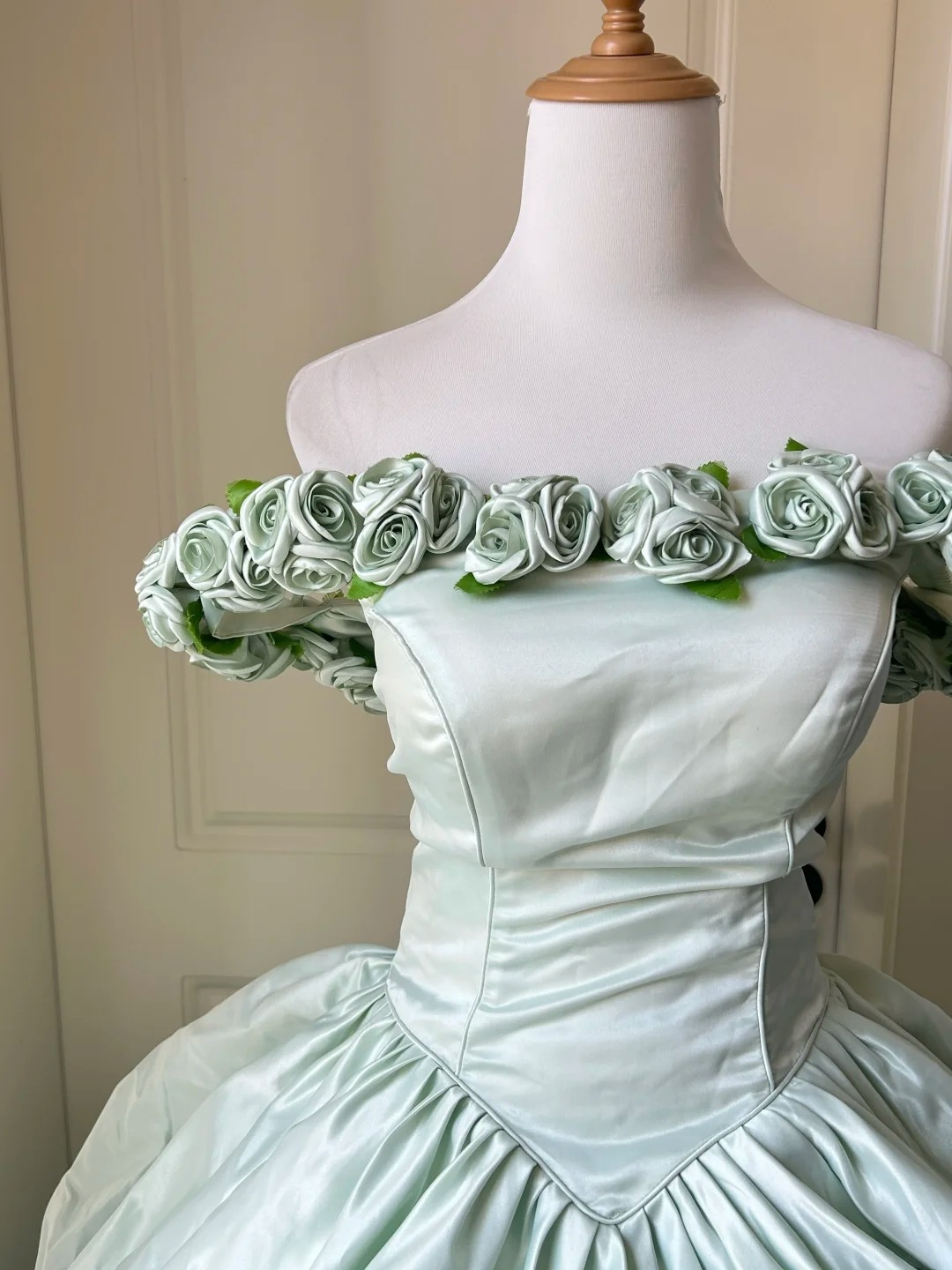 Sweet 16 Quinceanera Dress Ball Gown Off Shoulder Mint Green Satin With Flowers 16th Birthday Party Gown RC0932