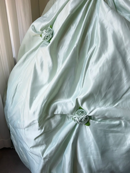 Sweet 16 Quinceanera Dress Ball Gown Off Shoulder Mint Green Satin With Flowers 16th Birthday Party Gown RC0932