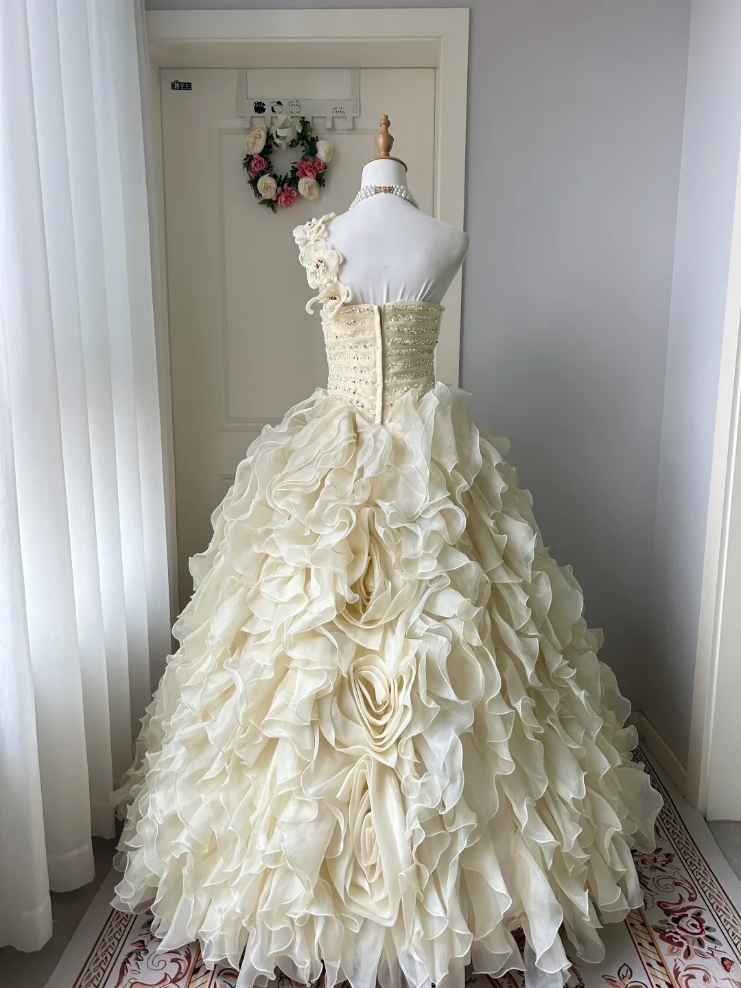 Sweet 16 Quinceanera Dress Ball Gown One Shoulder Yellow Tiered Layers With Flowers 16th Birthday Party Gown RC0933