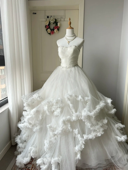 Wedding Dress Modest Ball Gown Sweetheart Tulle White With Tiered Layers Long Bridal Gown RC0937