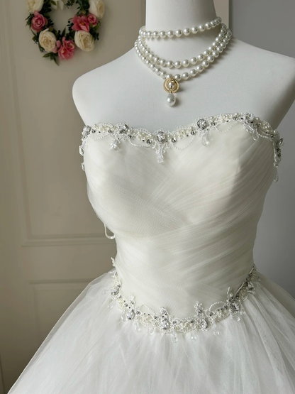 Wedding Dress Modest Ball Gown Sweetheart Tulle White With Tiered Layers Long Bridal Gown RC0937