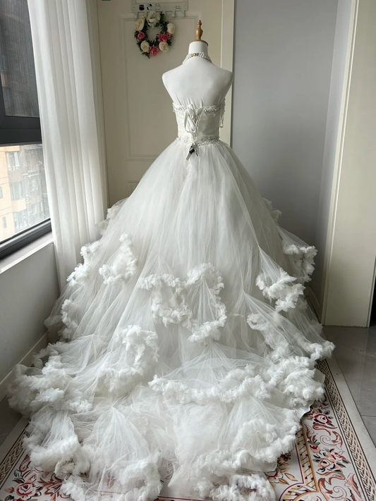 Wedding Dress Modest Ball Gown Sweetheart Tulle White With Tiered Layers Long Bridal Gown RC0937
