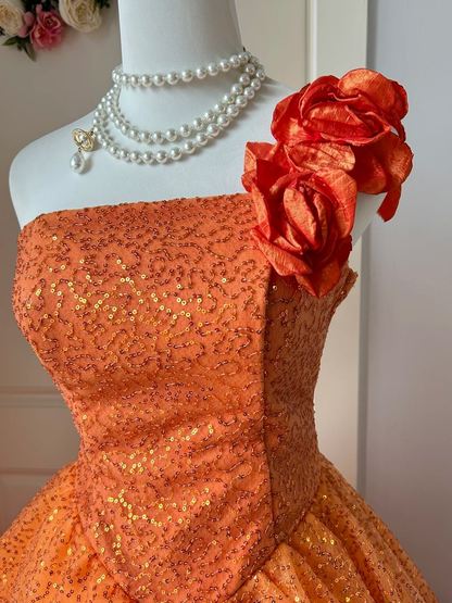 Sweet 16 Quinceanera Dress Ball Gown One Shoulder Orange Tulle With Tiered Layers Sequin Birthday Party Gown RC0938