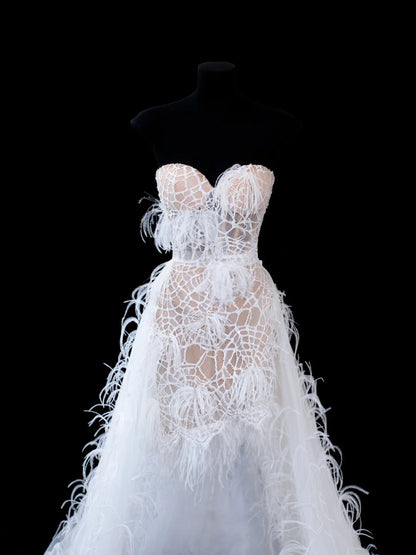 Timeless Women's A Line Strapless Sleeveless White Lace With Feathers Short Vintage Fitted 1920s Wedding Dresses AS584