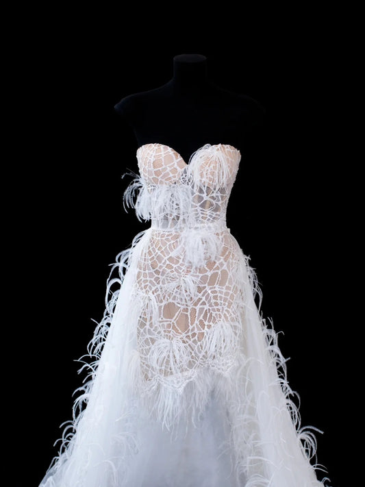 Timeless Women's A Line Strapless Sleeveless White Lace With Feathers Short Vintage Fitted 1920s Wedding Dresses AS584