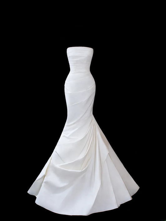 Vintage Wedding Gowns 1960s Dresses Simple Mermaid Strapless Style for Bride Satin With Train White Petite/Plus Size Bridal Gown AS585