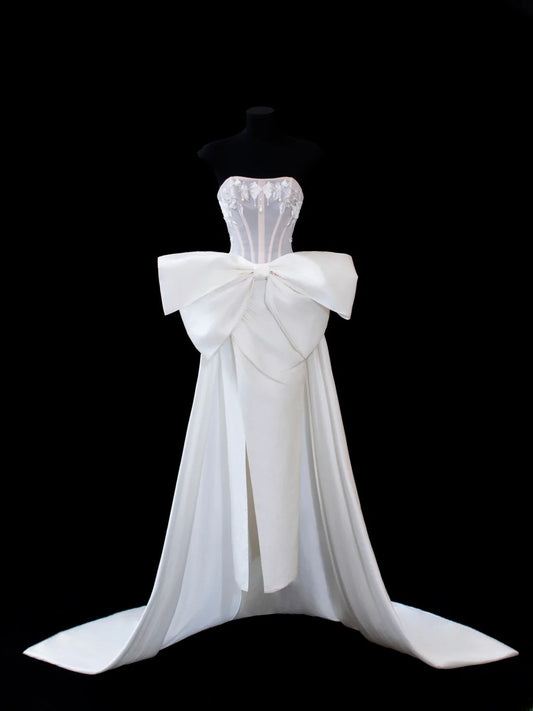 Timeless Women's Sheath Strapless Sleeveless White Satin With Slit Fitted Corset Long Vintage 1920s Wedding Dresses AS587
